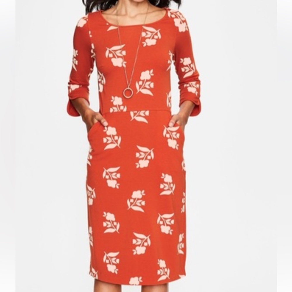 Boden Womens Jessie Jersey Knit Dress Size 8‎ Stretch Floral Pockets Midi Coral